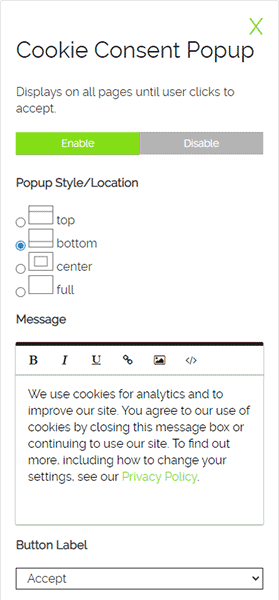 cookie consent configuration