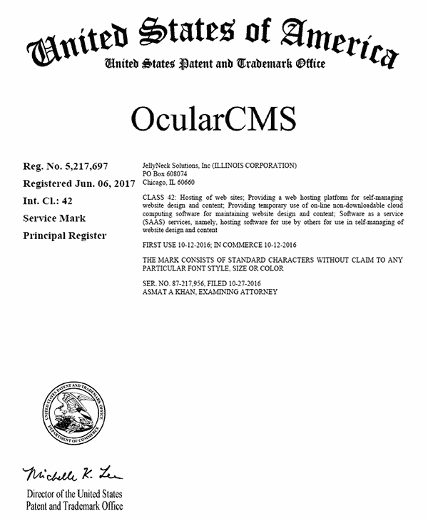 USPTO OcularCMS registered trademark